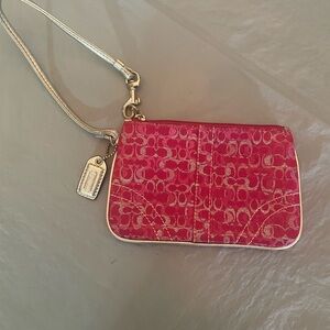 Coach Pink Signature Canvas Wristlet with Metallic Trim